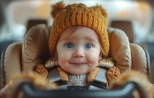 ai generado linda pequeño hermosa bebé chico sentado en el coche asiento y esperando para mamá foto