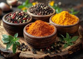 AI generated Spices for cooking with kitchen accessories on old background photo