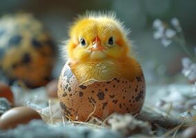 AI generated Cute little chicken and egg in the hay photo