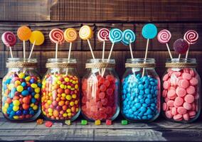 AI generated Colorful candies in glass jars and wooden background photo