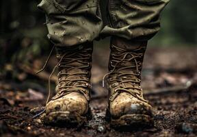 AI generated Army boots close up in the mud photo