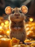 AI generated Cute little mouse and cheese in the attic. A mouse standing in front of a pile of cheese and lights photo