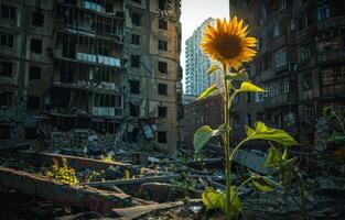 AI generated Sunflower grows in the middle of the destroyed city photo