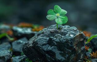 ai generado cuatro hoja trébol creciente fuera de rock con agua gotas foto