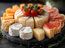 AI generated Various types of cheese on black stone plate. Cheese plate photo