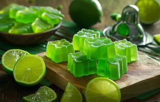 AI generated Lime jelly cubes on wooden cutting board photo