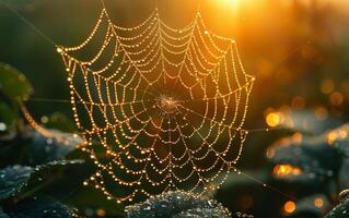 AI generated Spider web with dew in the morning photo