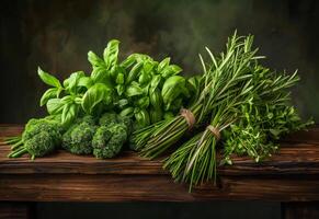 AI generated Different fresh herbs on wooden table photo