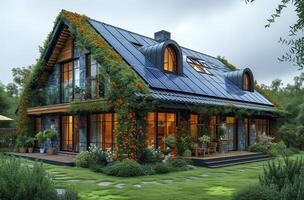 ai generado casa con solar paneles fotovoltaica sistema en el techo foto