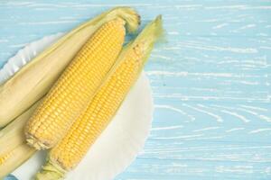 Corn cob with green leaves lies on white plate blue color background. photo