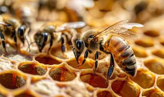 ai generado abejas son trabajando en panal foto