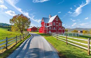 AI generated Red barn and horse farm in the country side photo