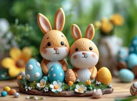 AI generated Two cute bunnies made of modeling clay and easter eggs on wooden stand. Easter holiday concept. photo