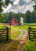 ai generado rojo granero y silo en granja en el rural foto