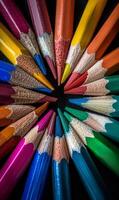 AI generated Colored pencils in circle. A multicolored pencils arranged in a circle photo