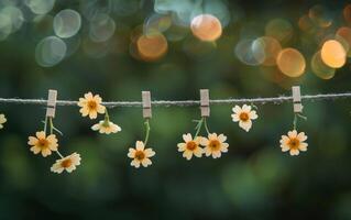 ai generado margaritas colgando en el tendedero con bokeh antecedentes. Fresco hierbas y flores colgando a seco foto