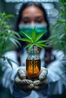 AI generated Scientist holding bottle of hemp oil photo