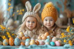 ai generado dos linda pequeño muchachas en de punto suéteres son sentado con Pascua de Resurrección huevos foto