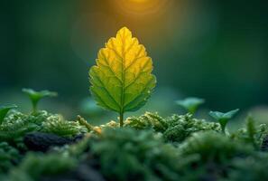 AI generated Small green plant grows from the ground in the rays of the setting sun photo