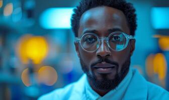 AI generated Portrait of handsome young scientist in lab coat and round glasses photo