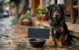 AI generated Wet stray dog sits on the street with empty bowl and sign photo