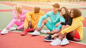 Multi-ethnic group people teenage friends. African-american, asian, caucasian student spending time together Multiracial friendship photo