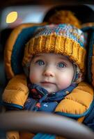 ai generado linda pequeño bebé chico sentado en el coche asiento y esperando para mamá foto