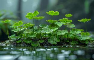 AI generated Green leaves of wood sorrel grow in the water photo