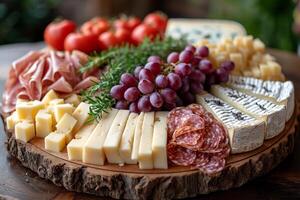 AI generated Cheese plate served with grapes jamon prosciutto salami crackers and nuts on wooden board photo