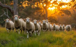 AI generated Many sheep walking in a grassy field. Mob of sheep running through field at sunset photo