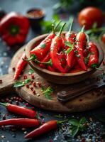 ai generado rojo caliente chile pimientos en oscuro antecedentes foto