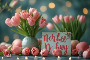 AI generated Pink tulips and card with the inscription photo