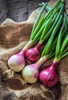 AI generated Fresh spring onions and green onions on wooden background photo