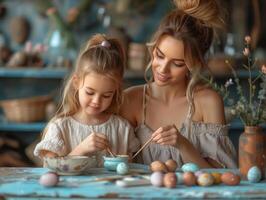 AI generated Happy family mother and child daughter paint eggs for the holiday photo