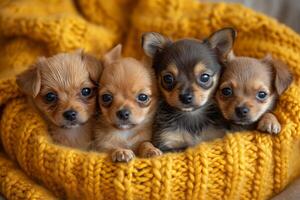 AI generated Four cute chihuahua puppies in knitted basket photo