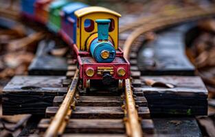 ai generado juguete tren Moviente en el ferrocarril. un antiguo tren pista con un vistoso de madera juguete tren en eso foto