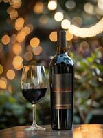 AI generated Bottle of red wine and glass of wine on table in garden with bokeh of party lights in the background photo