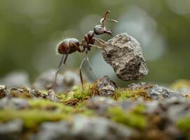 AI generated Red wood ant is carrying large rock across mossy rock. photo