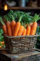 AI generated Fresh carrots in basket on wooden table photo