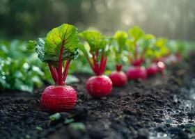 AI generated Fresh organic radish growing on the field photo