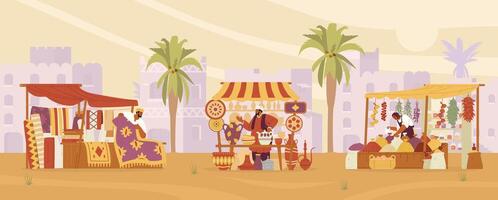 Arabian street bazaar with sellers with carpets, ceramics and spices stalls horizontal banner. Middle Eastern market with ancient city in the desert at the background flat vector illustration.