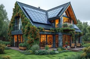 AI generated House with garden and solar panels on the roof. Photovoltaic system on the roof photo