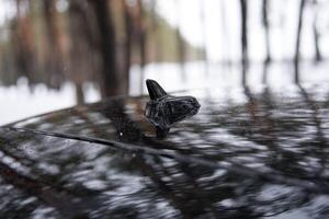 A small black antenna on the roof of a black car in the form of a shark fin. photo