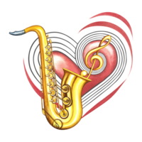 A golden saxophone on the background of a red musical heart with a treble clef. The watercolor illustration is hand-drawn. For logos, badges, stickers and prints. For postcards, business cards, flyer. png