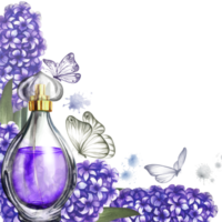 A frame with a perfume bottle made of transparent glass with hyacinth flowers. Vintage purple perfume. A hand-drawn watercolor illustration. For packaging, postcards and labels. For banners, flyers. png