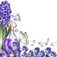 A frame with a perfume bottle made of transparent glass with purple hyacinth and lavender flowers. Hand-drawn watercolor illustration. For packaging, postcards and labels. For banners, flyers. png