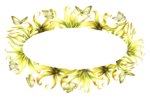 Oval frame with ylang-ylang flowers and butterflies. A frame with exotic fragrant yellow flowers. Hand-drawn watercolor illustration. For packaging, postcards and labels. For a banner, a flyer. png