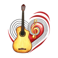 A six-string guitar on the background of a red musical heart with a treble clef. The watercolor illustration is hand-drawn. For logos, badges, stickers and prints. For postcards, business card, flyer png