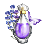 een parfum fles gemaakt van transparant glas met lavendel bloemen. wijnoogst Purper parfum met lavendel geur. een hand getekend waterverf illustratie. isoleren haar. voor verpakking, ansichtkaarten en etiketten. png