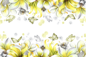 ein Rahmen mit Parfüm Blumen von Plumeria, Frangipani, Orange blühen und Ylang-Ylang. Jahrgang zart Rahmen mit tropisch Blumen und Schmetterlinge. handgemalt Aquarell Illustration. zum Postkarten. png